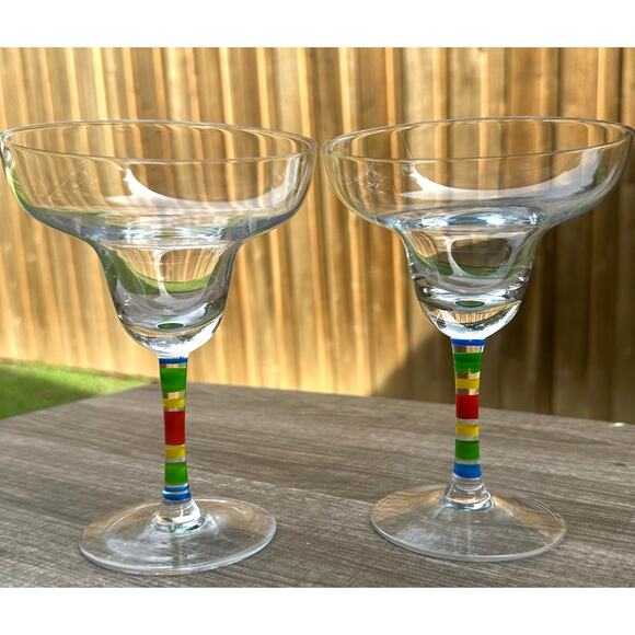 Whimsical Clear Glass Margarita Glasses Rainbow Hand Painted Stem-Set of 2 - Picture 3 of 5